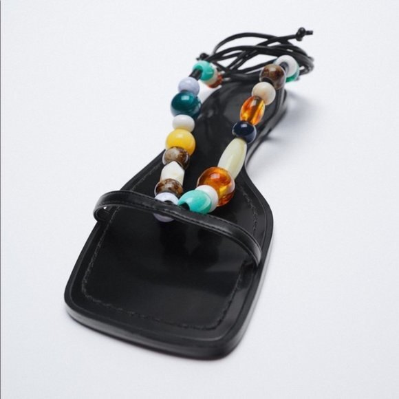 Black Zara Bead Embellished Strap-Ankle Low Heel Squared-Toe Sandals (NWT) - Picture 3 of 7